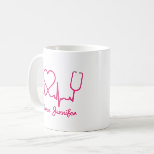 Mug Infirmière personnalisée rose Nom Stethoscope Coeu (Devant gauche)
