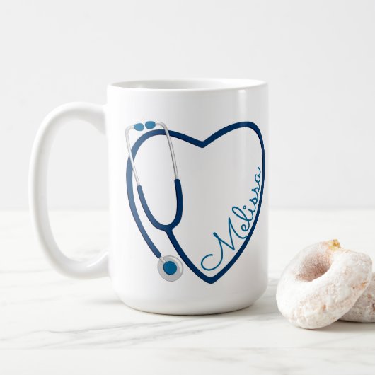 Mug Infirmière Stethoscope Coeur Bleu Café Amusant Val (Avec donut)
