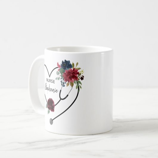 Mug Infirmière sur mesure Stethoscope Floral Coeur (Devant gauche)
