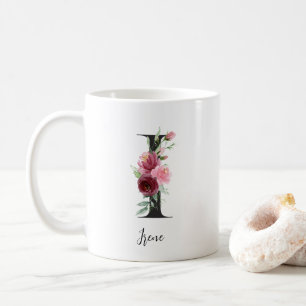 Mug Initial floral I Roses roses burgundy rose éditabl
