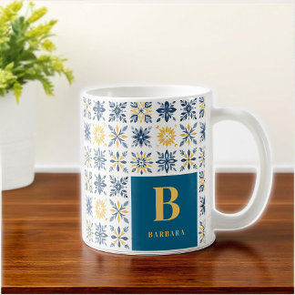 Mug Initial Mediterranean Floral Tile-Style Pattern 