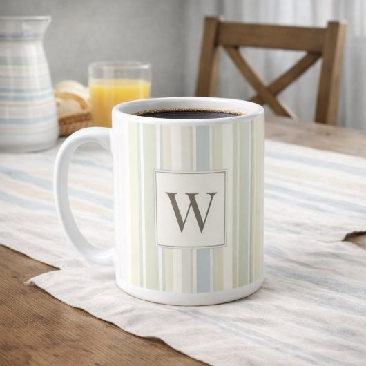 Mug Initial Neutral Dusty Blue Stripe Rustic Farmhouse