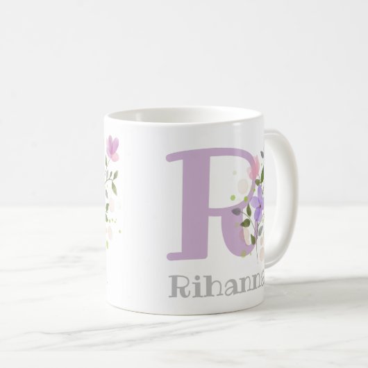 Mug Initial Plus Nom avec Fleurs. Design floral (Devant droit)