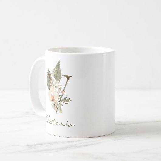 Mug Initial V Boho Floral Orchid Greenery Custom (Devant gauche)