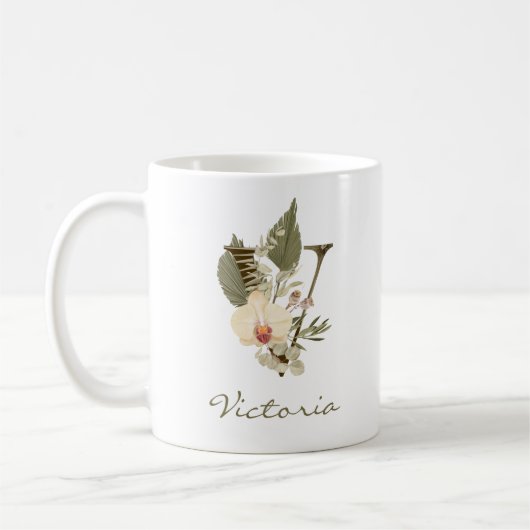 Mug Initial V Boho Floral Orchid Greenery Custom (Gauche)