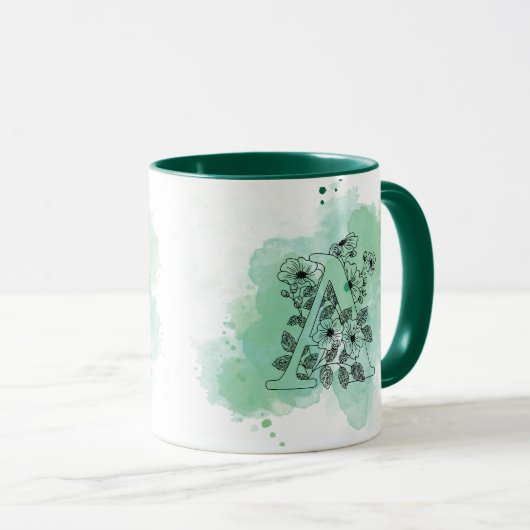 Mug Initiale A Aquarelle Monogramme Vert Botanique (Devant droit)