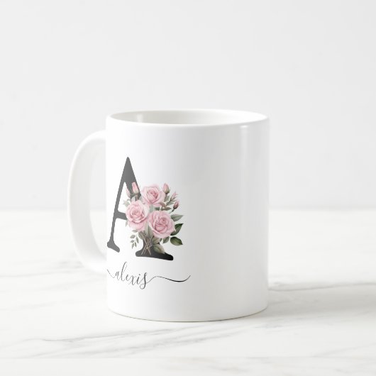 Mug Initiale A Rose Roses Florales Fleurs Nom Monogram (Devant gauche)