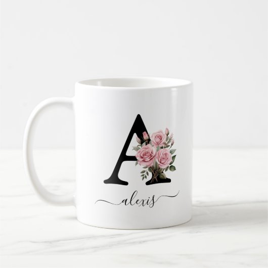 Mug Initiale A Rose Roses Florales Fleurs Nom Monogram (Gauche)