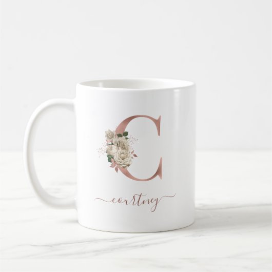 Mug Initiale "C" Monogramme Doré Rose et Ivoire Floral (Gauche)