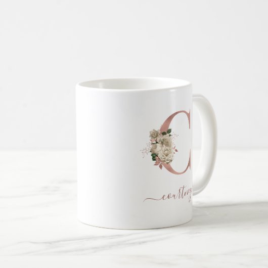 Mug Initiale "C" Monogramme en Or Rose et Ivoire Flora (Devant droit)