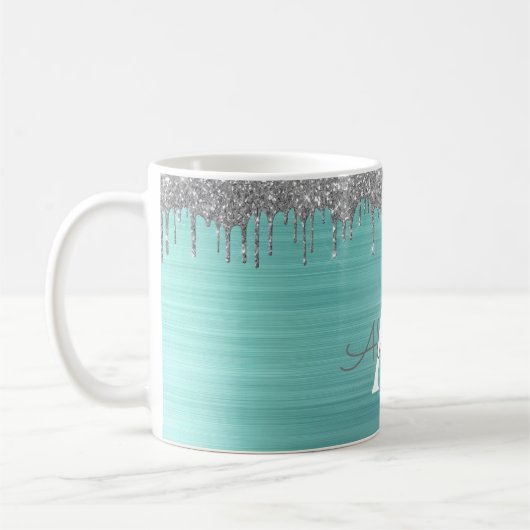 Mug Initiale de nom en métal brossé pailleté argent sa (Gauche)