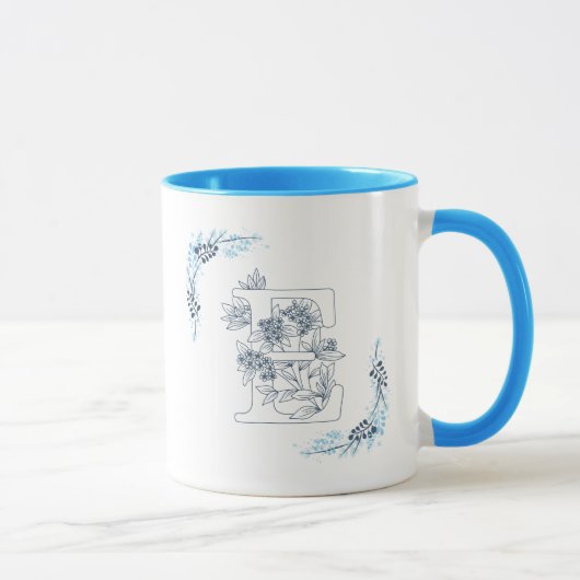Mug Initiale "E" Blue Monogram Calme Floral Café (Droite)