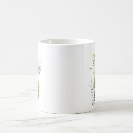 Mug Initiale en or B avec feuillage floral bleu (Centre)