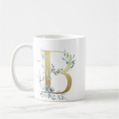 Mug Initiale en or B avec feuillage floral bleu (Gauche)
