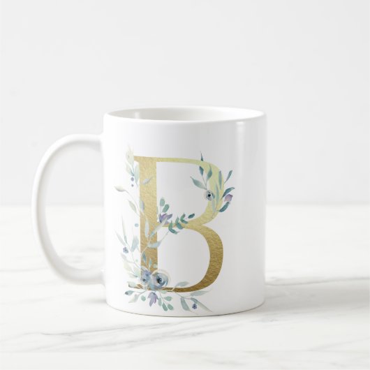 Mug Initiale en or B avec feuillage floral bleu (Gauche)
