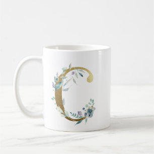 Mug Initiale en or C avec feuillage floral bleu