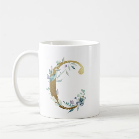 Mug Initiale en or C avec feuillage floral bleu (Gauche)