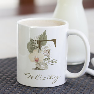Mug Initiale F Boho Floral Orchid Green Nom personnali