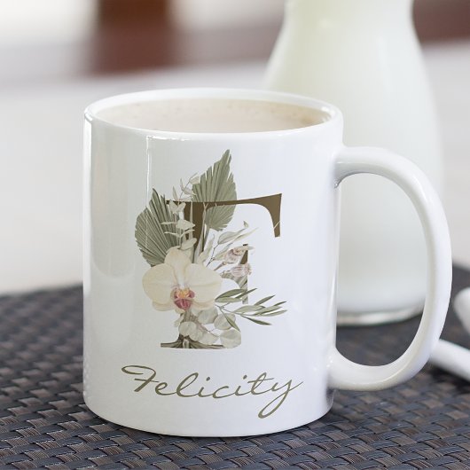 Mug Initiale F Boho Floral Orchid Green Nom personnali