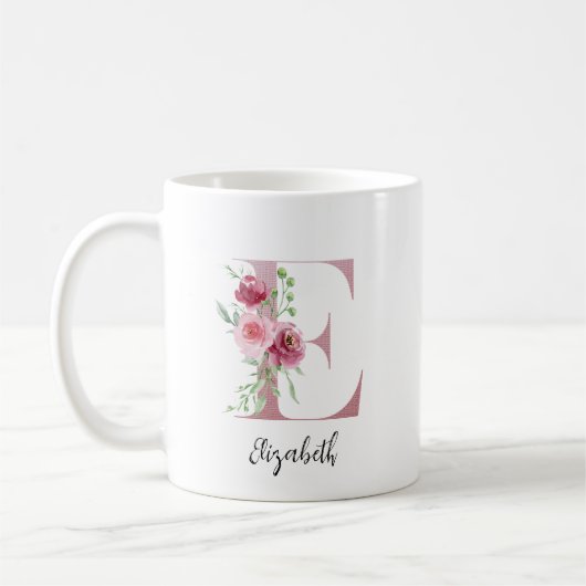 Mug Initiale Florale E Roses Rouges Clair Editable Nom (Gauche)