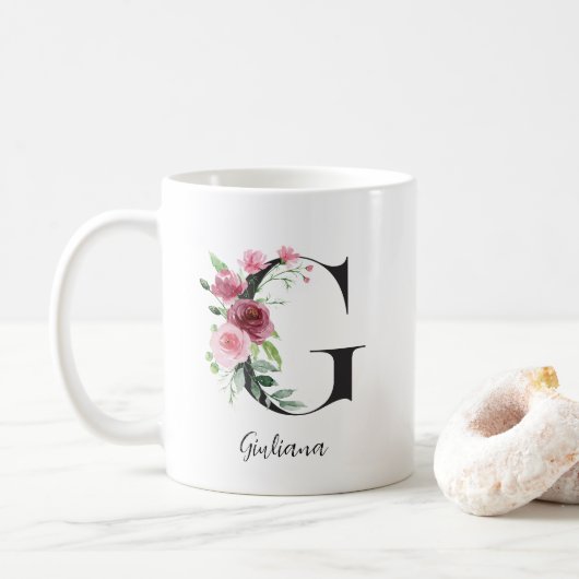 Mug Initiale Florale G Roses Roses Éditable (Avec donut)
