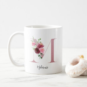 Mug Initiale florale M Roses Bourgogne Modifiable Nom