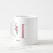 Mug Initiale florale M Roses Bourgogne Modifiable Nom (Devant gauche)