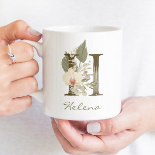 Mug Initiale H Boho Floral Orchid Green Nom personnali