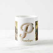 Mug Initiale Luxueuse en Cursive Or Blanc P + 2 PHOTO (Centre)