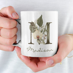 Mug Initiale M Boho Floral Orchid Green Nom personnali