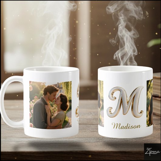 Mug Initiale M doré blanc cursif de luxe + 2 PHOTO