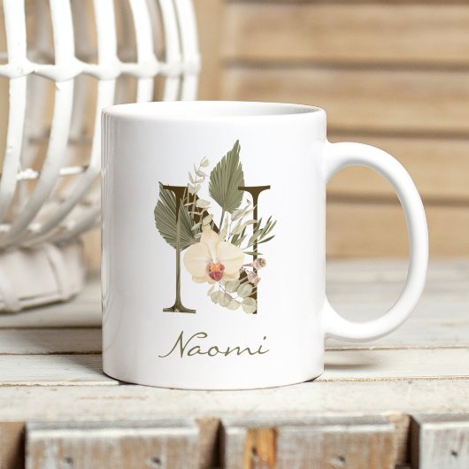 Mug Initiale N Boho Floral Orchid Green Nom personnali