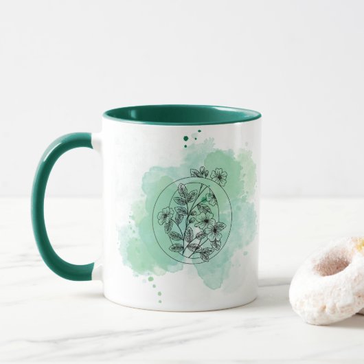 Mug Initiale O Aquarelle Monogramme Vert Botanique (Avec donut)