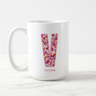 Mug Initiale personnalisée Lettre florale V Monogram