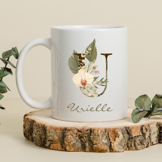 Mug Initiale U Boho Floral Orchid Green Nom personnali