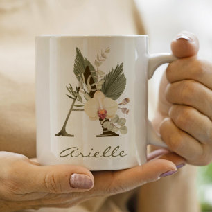 Mug Initiale Un Boho Floral Orchidée Vert Nom Personna