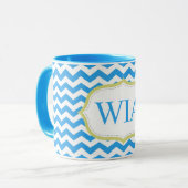 Mug initiales monogramme modernes rayures chevron bleu (Devant gauche)