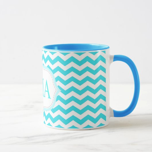 Mug initiales monogramme rayures chevron bleu aqua mod (Droite)