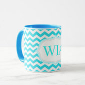 Mug initiales monogramme rayures chevron bleu aqua mod (Devant gauche)