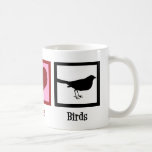 Mug Inséparables de la paix<br><div class="desc">Les oiseaux sont un beau cadeau de la nature. Cette jolie tasse présente un signe de paix vert,  un coeur rouge et un silhoutte d'oiseau noir assis dans un carré. Un joli cadeau de Noël pour un ornithologue en ornithologie.</div>