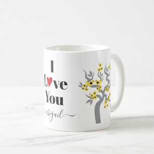 Mug Inséparables jaunes, cerisier gris aux fleurs