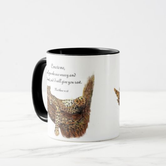 Mug Inspirationnel, Écriture, Matthieu 11:28, Leopard (Devant gauche)