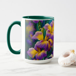 Mug Iris Floral Violet et bleu or feuilles