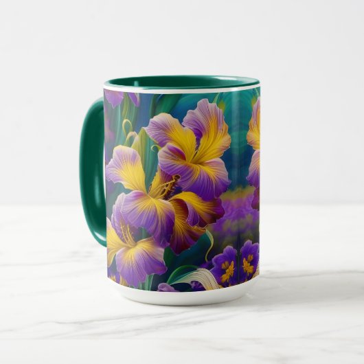 Mug Iris Floral Violet et bleu or feuilles (Devant gauche)