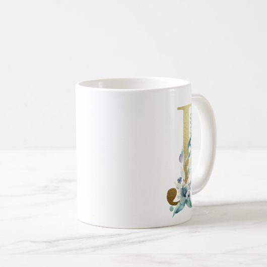 Mug J initial doré avec feuillage floral bleu (Devant droit)