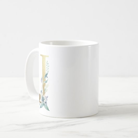 Mug J initial doré avec feuillage floral bleu (Devant gauche)