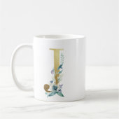 Mug J initial doré avec feuillage floral bleu (Gauche)