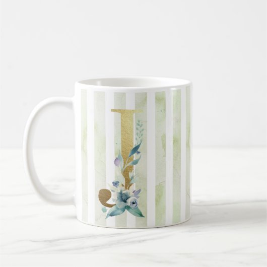 Mug J, initiale dorée, sur rayures bleues et blanches (Gauche)