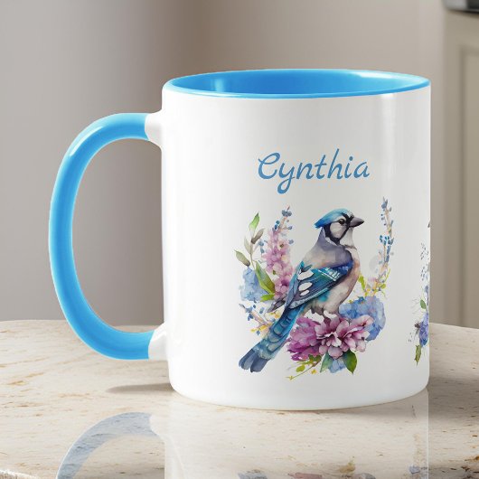 Mug Jais bleus et jolies fleurs d'été Nom du monogramm