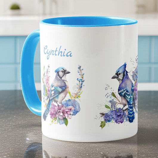 Mug Jais bleus et jolies fleurs d'été Nom du monogramm